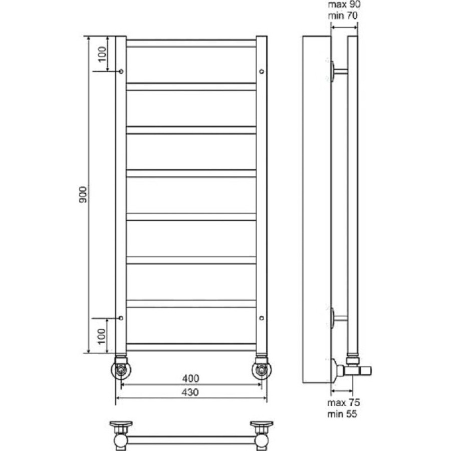 Полотенцесушитель водяной Terminus Контур 4660059582450, П8 400х900, ширина 40 см, высота 90 см, хром