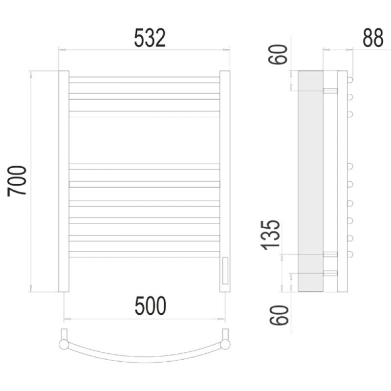 Полотенцесушитель электрический Terminus Классик П9 500х700 (sensor quick touch), ширина 50 см, высота 70 см, хром, 4670078527356