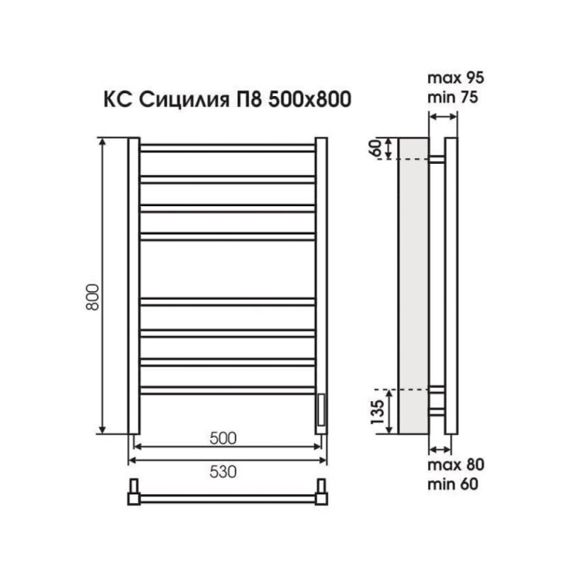 Полотенцесушитель электрический Terminus Сицилия П8 500х800 электро КС 4670078527639, ширина 50 см, высота 80 см, диммер справа, белый матовый