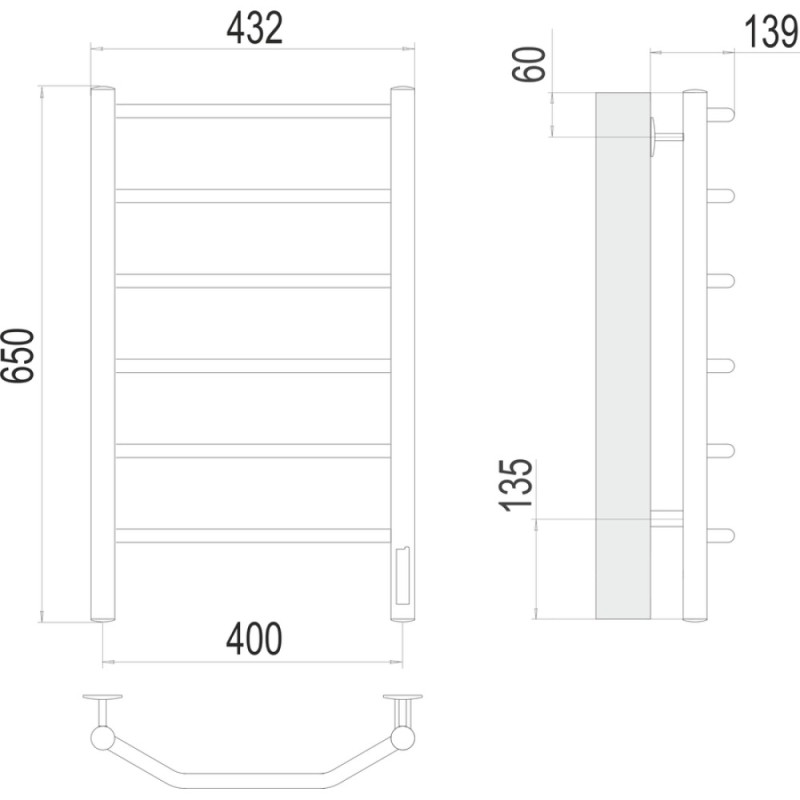 Полотенцесушитель электрический Виктория П6 400х650 Электро (quick touch), ширина 40 см, высота 65 см, диммер справа, 4670078531186