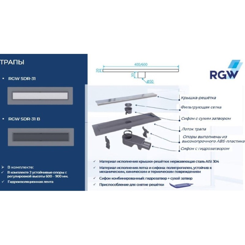 Дренажный канал RGW Shower Drain SDR-31B, 40 см, решетка черная, 47213140-04