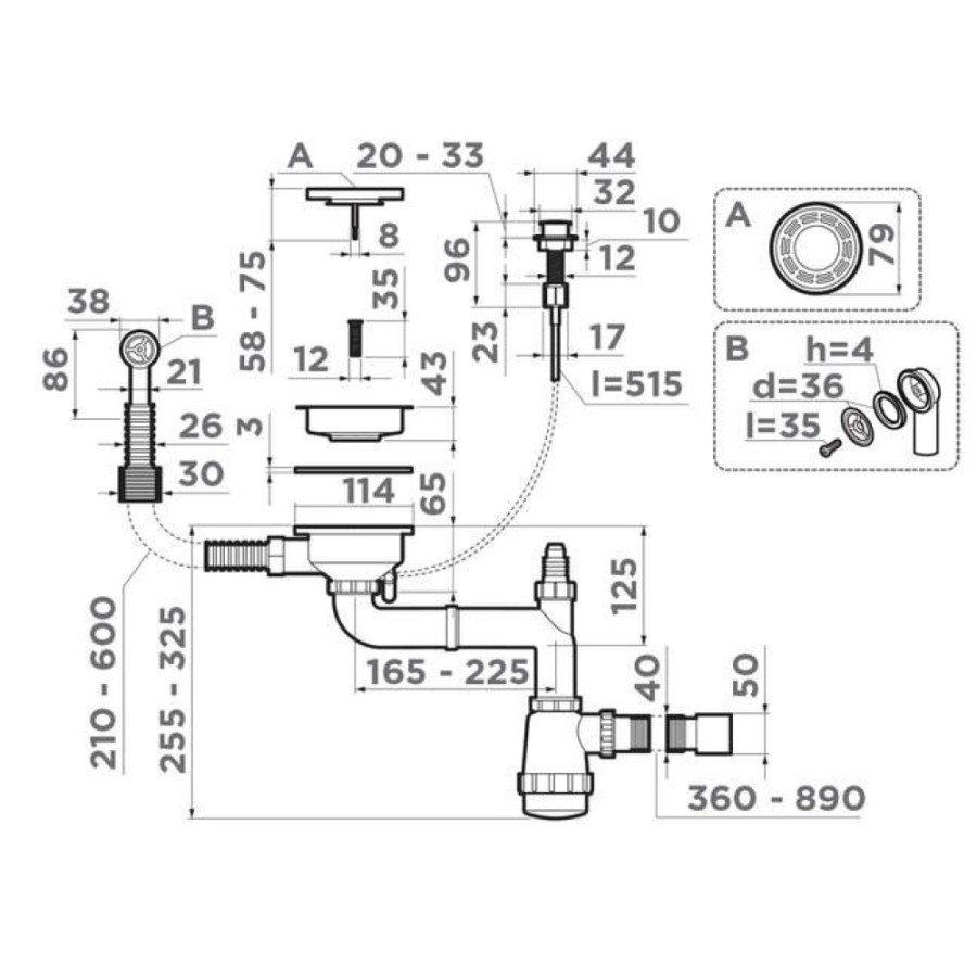 Арматура для одночашевых моек Omoikiri WK-1-GM 4956483 с прямоугольным переливом и декоративной решеткой, воронёная сталь, gunmetal
