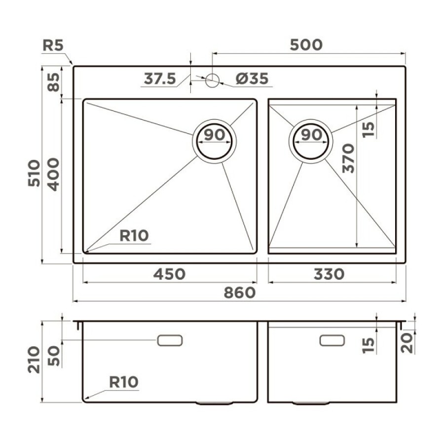 Мойка кухонная Omoikiri Akisame 86-2 Side-IN 4997021, 86 см, цвет нержавеющая сталь