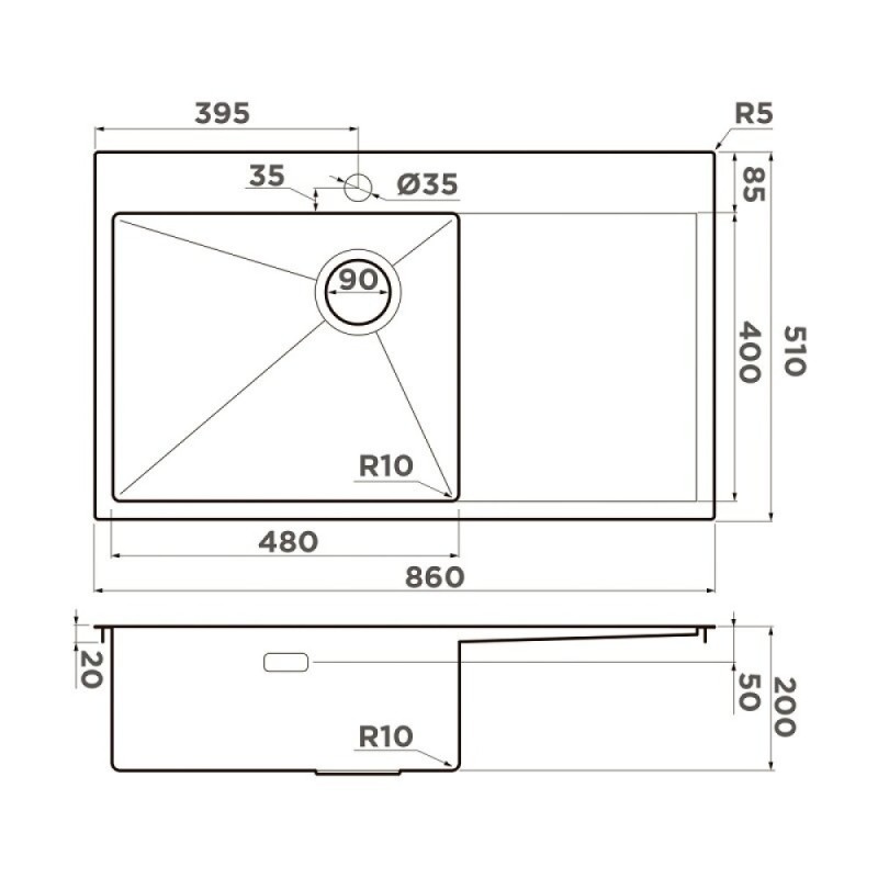 Мойка кухонная Omoikiri Akisame 86-L/R Side-GB 4997045/4997046, 86 см, крыло слева/справа, цвет светлое золото