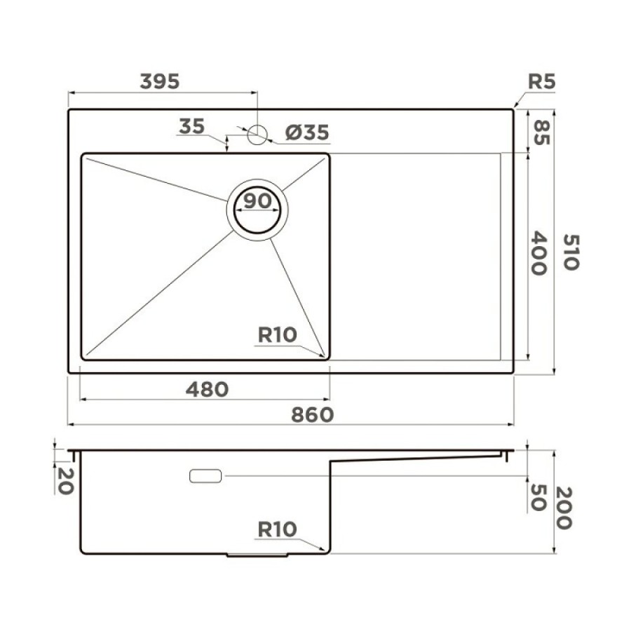Мойка кухонная Omoikiri Akisame 86-L/R Side-GB 4997045/4997046, 86 см, крыло слева/справа, цвет светлое золото