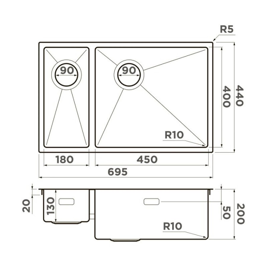 Кухонная мойка Omoikiri Taki 69-2 Side 4997050/4993183, 69 см, левая/правая, цвет графит