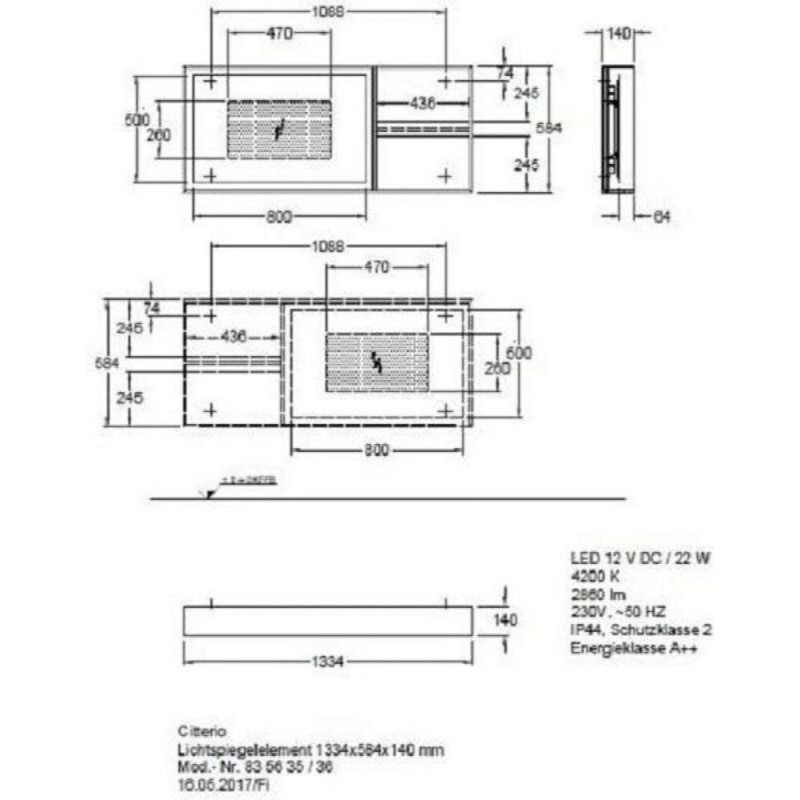 Зеркало Geberit Citterio 500.571.JJ.1, 135 см, с LED подсветкой, с полкой, цвет рамы темный дуб