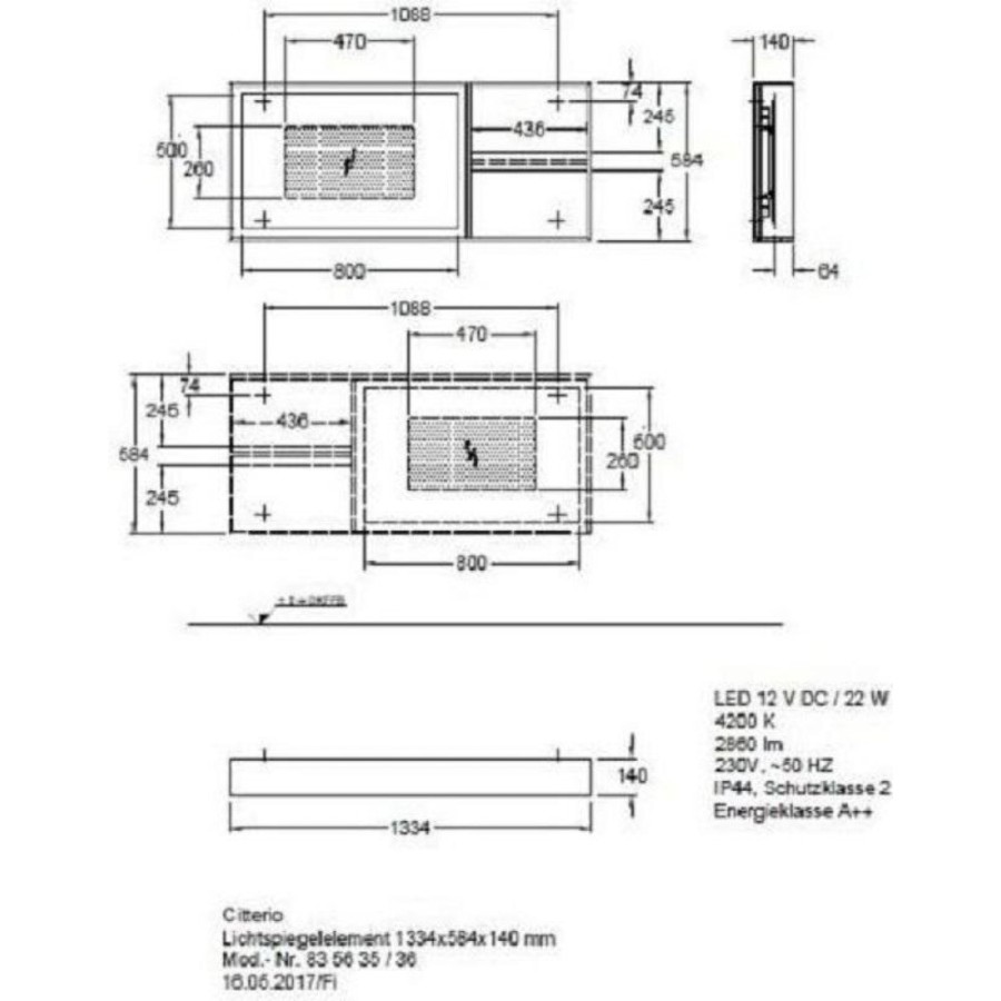 Зеркало Geberit Citterio 500.571.JJ.1, 135 см, с LED подсветкой, с полкой, цвет рамы темный дуб