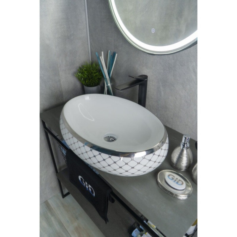 Раковина Gid Lago Nc262 52201, 60 см, фаянс, белая внутри, снаружи орнамент хром