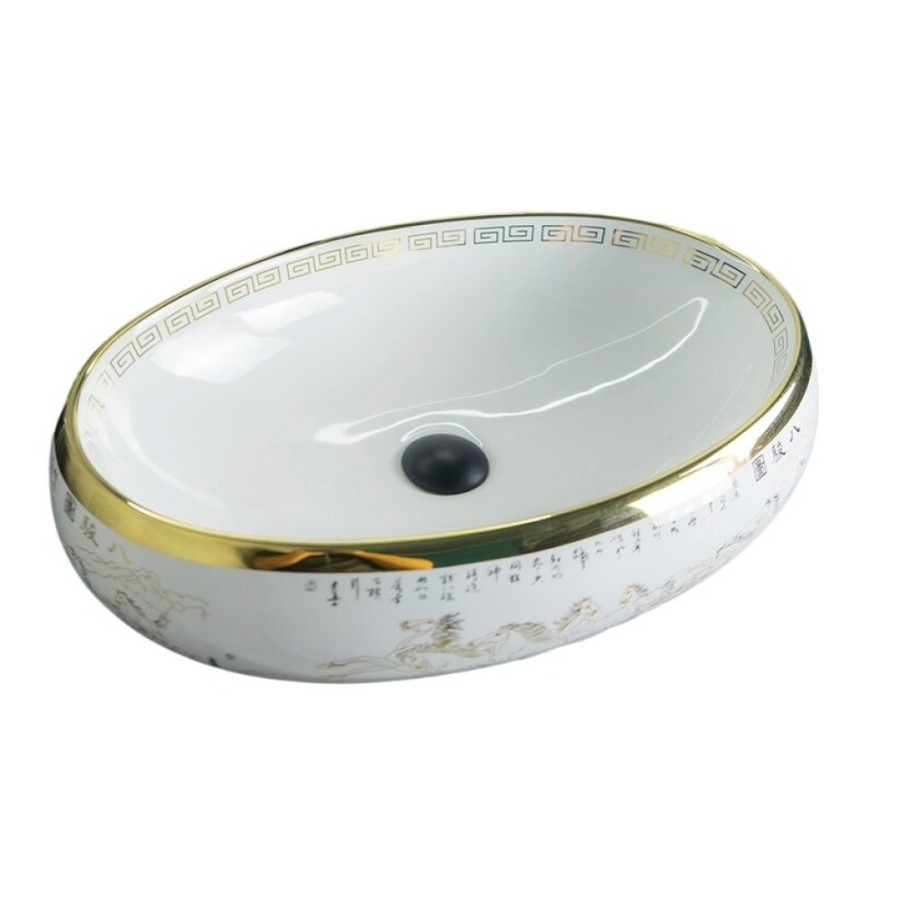 Раковина Gid Lago Nc472 52222, 60 см, фаянс, белая/орнамент золото