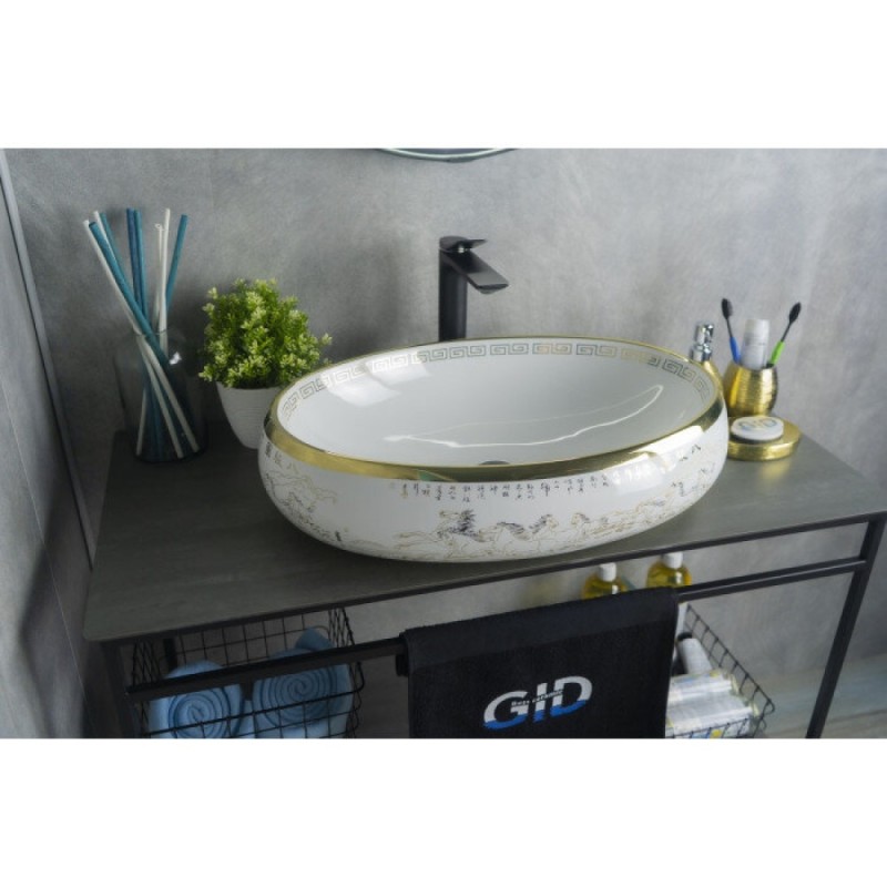 Раковина Gid Lago Nc472 52222, 60 см, фаянс, белая/орнамент золото