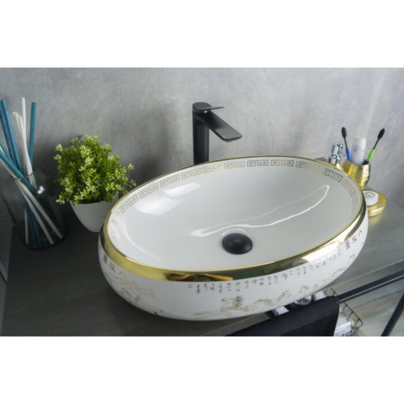 Раковина Gid Lago Nc472 52222, 60 см, фаянс, белая/орнамент золото