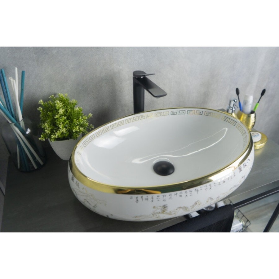 Раковина Gid Lago Nc472 52222, 60 см, фаянс, белая/орнамент золото