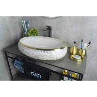 Раковина Gid Lago Nc472 52222, 60 см, фаянс, белая/орнамент золото