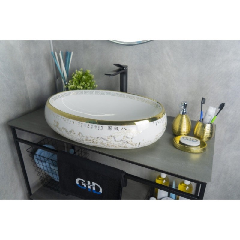 Раковина Gid Lago Nc472 52222, 60 см, фаянс, белая/орнамент золото