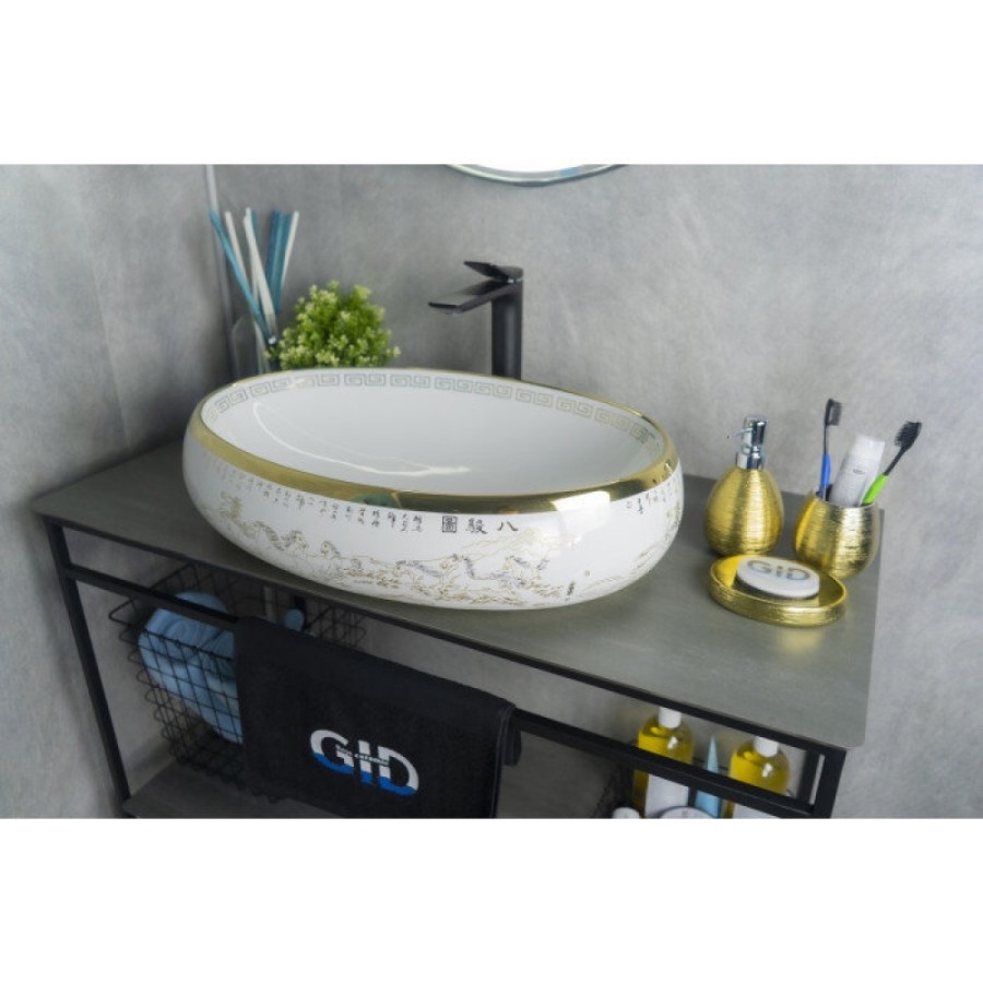 Раковина Gid Lago Nc472 52222, 60 см, фаянс, белая/орнамент золото