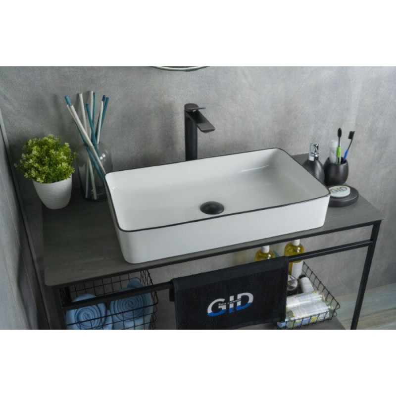 Раковина Gid Geometrico Nc9399 52225, 60 см, фаянс, белая с черной матовой отделкой