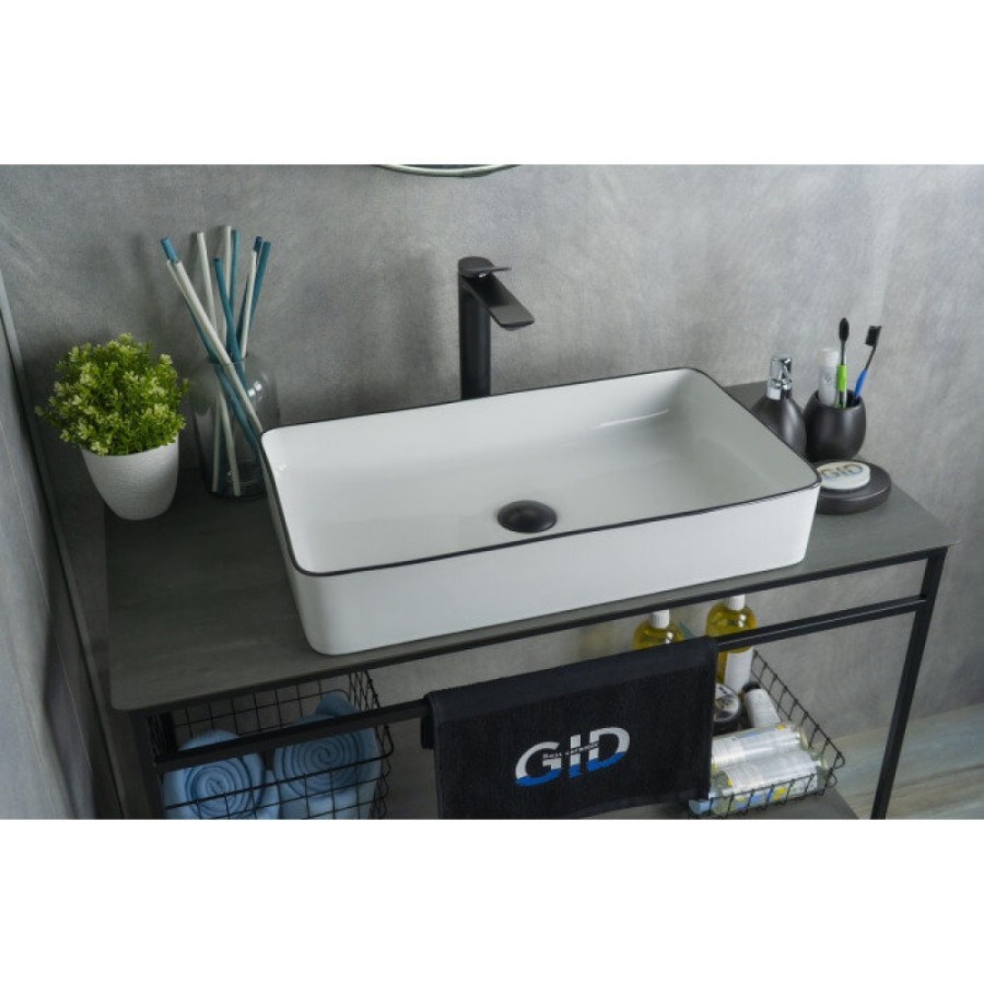 Раковина Gid Geometrico Nc9399 52225, 60 см, фаянс, белая с черной матовой отделкой