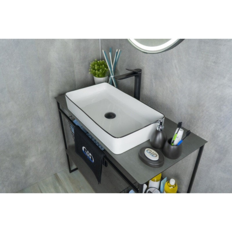 Раковина Gid Geometrico Nc9399 52225, 60 см, фаянс, белая с черной матовой отделкой