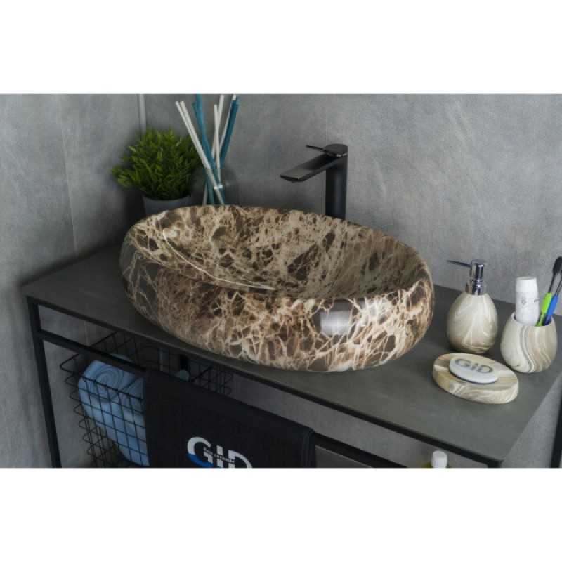 Раковина Gid Lago Mnc168 54409, 60 см, фаянс, с донным клапаном, под камень глянцевая