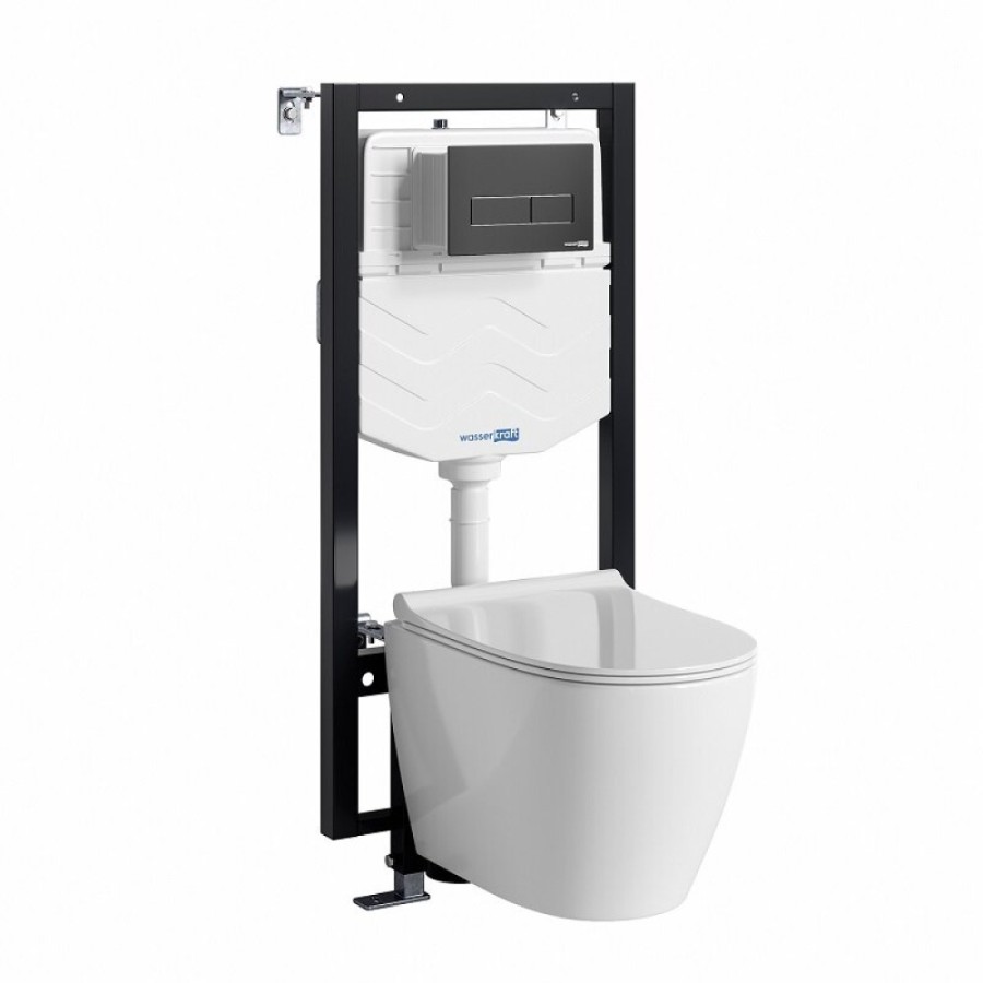 Инсталляция WasserKRAFT 56TLT.010.ME.MB03.H002, с подвесным безободковым унитазом Mindel, крышка микролифт, клавиша черная матовая