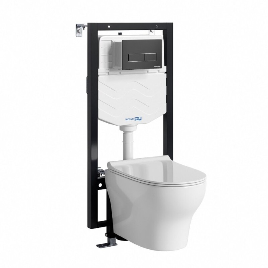 Инсталляция WasserKRAFT 56TLT.010.ME.MB03.H001, с подвесным безободковым унитазом Berkel, крышка микролифт, клавиша черная матовая