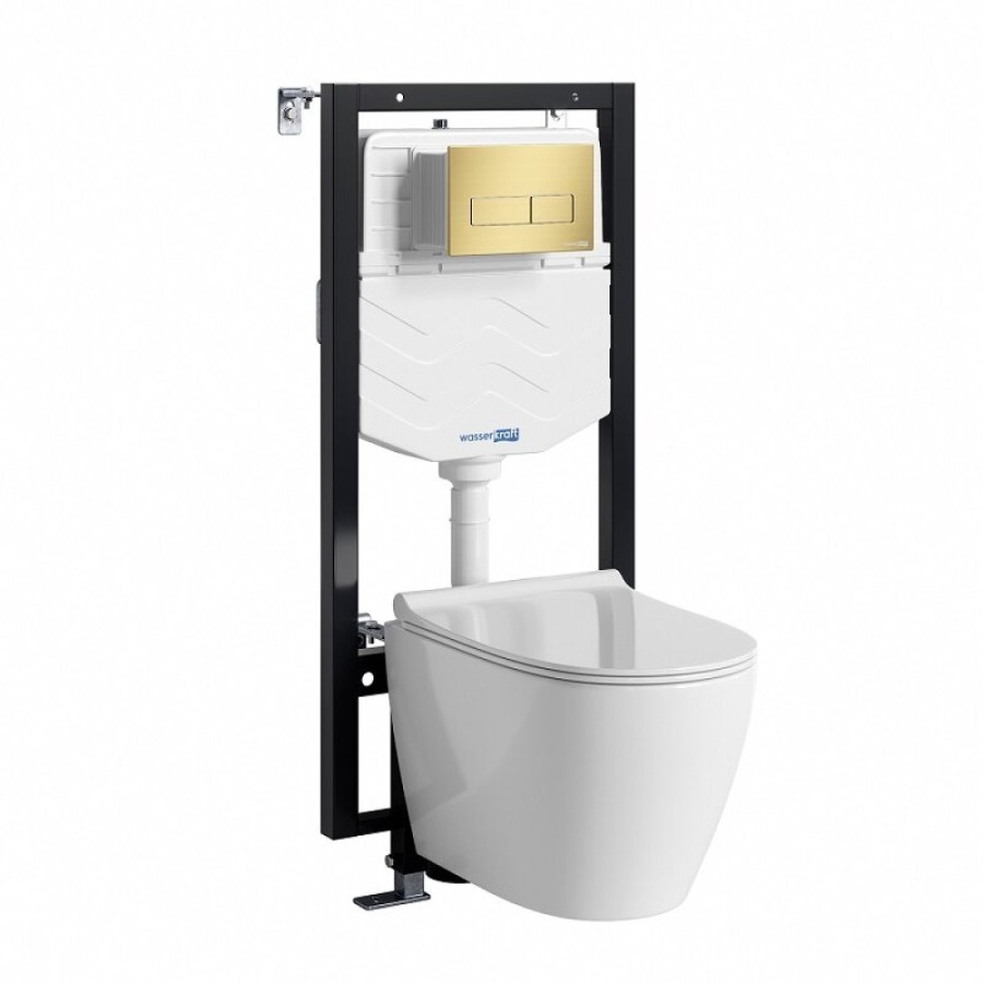 Инсталляция WasserKRAFT 56TLT.010.ME.MG03.H002, с подвесным безободковым унитазом Mindel, крышка микролифт, клавиша золото матовое