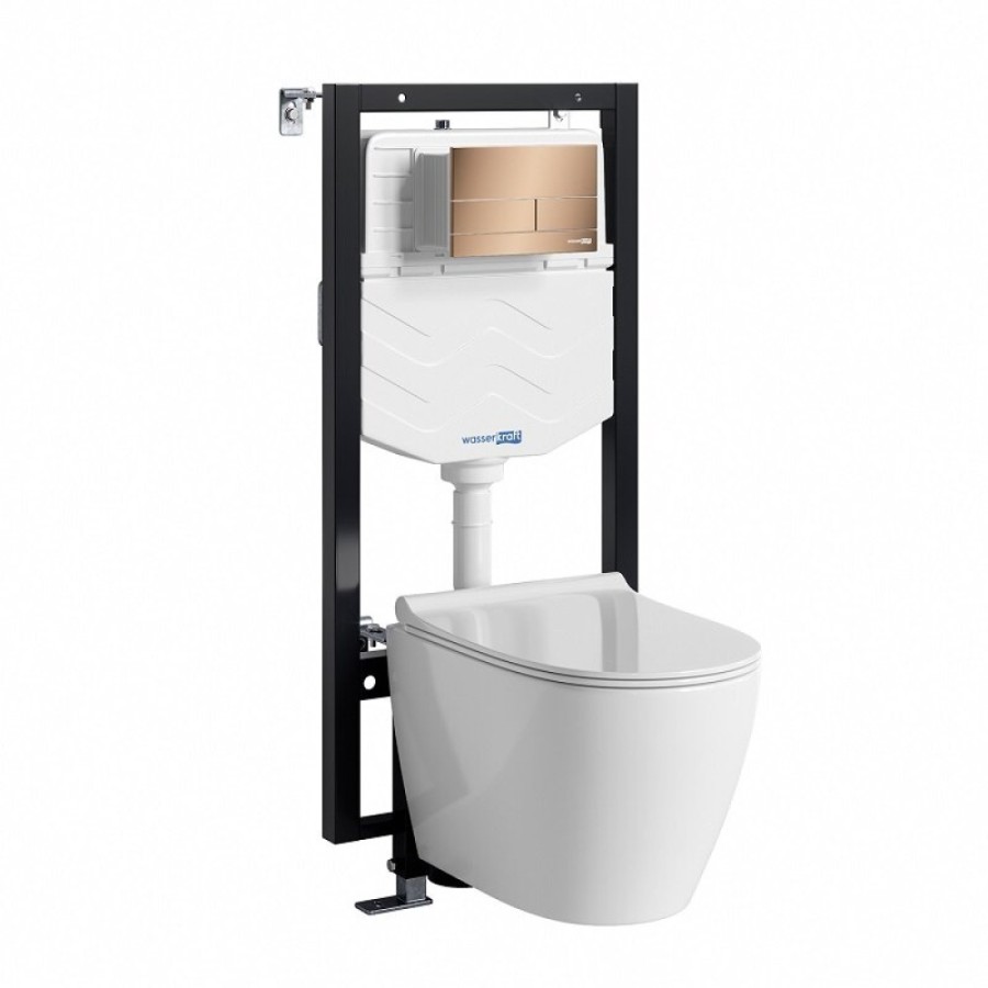 Инсталляция WasserKRAFT 56TLT.010.ME.RG04.H002, с подвесным безободковым унитазом Mindel, крышка микролифт, клавиша розовое золото