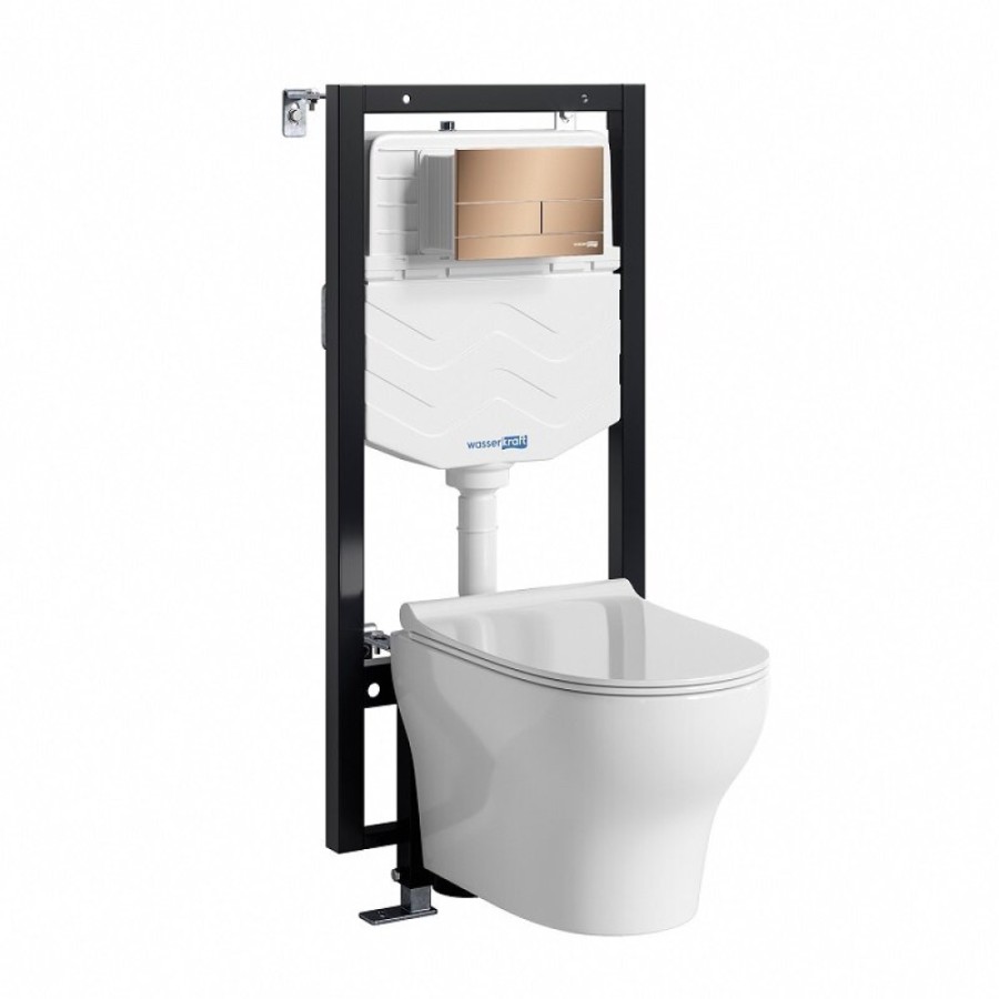 Инсталляция WasserKRAFT 56TLT.010.ME.RG04.H001, с подвесным безободковым унитазом Berkel, крышка микролифт, клавиша розовое золото