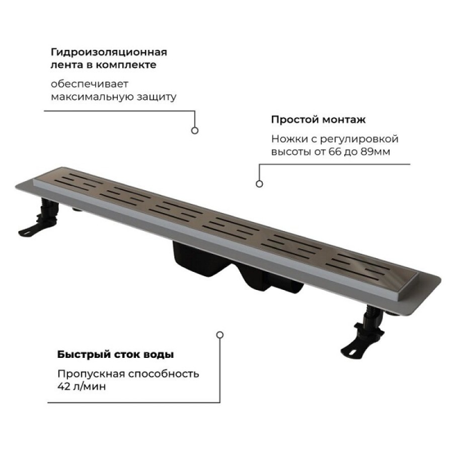 Дренажный канал RGW Drain Leo-20-60 60212060-01, 60 см, с решеткой из нержавеющей стали, хром