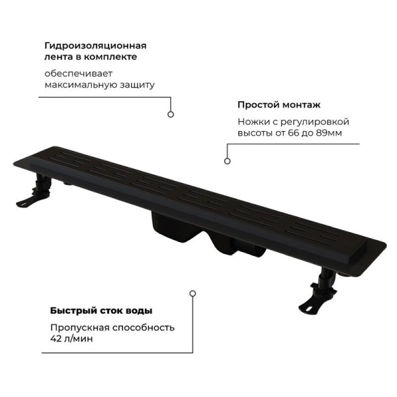 Дренажный канал RGW Drain Leo-30-60 60213060-04, 60 см, с решеткой из нержавеющей стали, черный