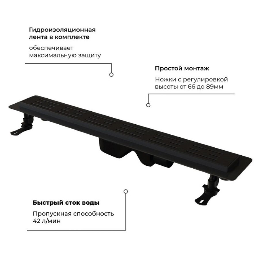 Дренажный канал RGW Drain Leo-30-60 60213060-04, 60 см, с решеткой из нержавеющей стали, черный