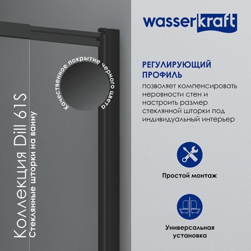 Стеклянная шторка на ванну WasserKraft 61S02-80, распашная/раздвижная, двухстворчатая, стекло прозрачное, профиль черный