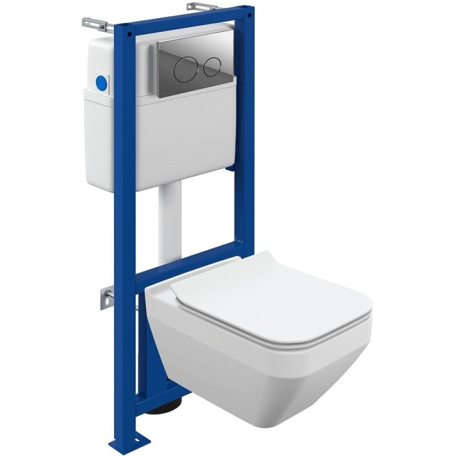 Инсталляция Cersanit Link Pro 64443, с подвесным безободковым унитазом Crea Square, сиденье микролифт, белый, клавиша хром глянцевый