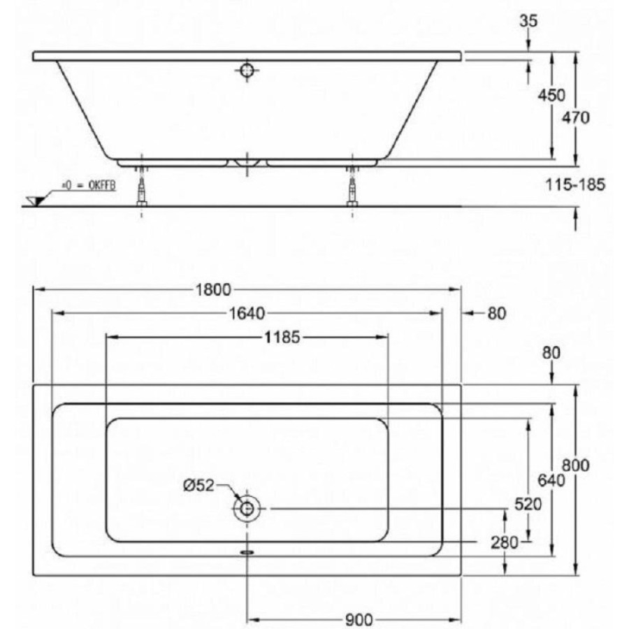 Ванна акриловая Geberit Tawa 650480000, 180 х 80 см, белая