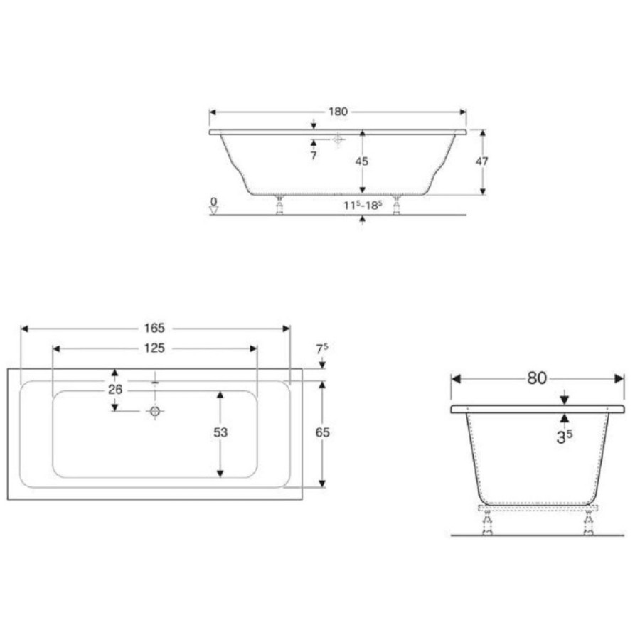 Ванна акриловая Geberit Renova Duo 657380000, 180 х 80 см, белая