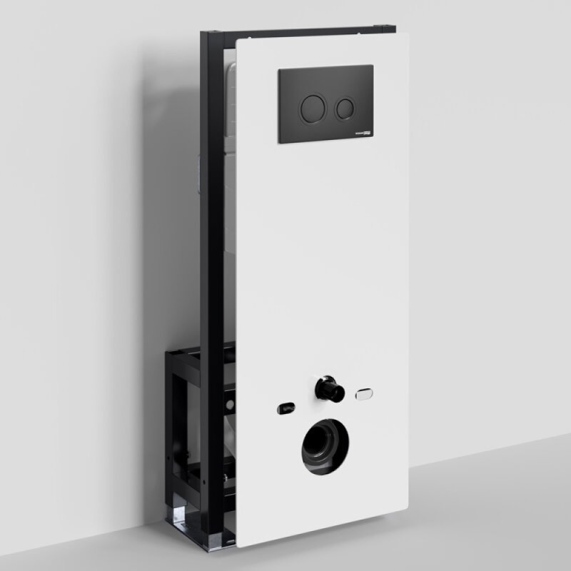 Инсталляция для унитаза WasserKraft Glan 66TLT.010.ME.WH.MB01, декоративная стеклянная панель белая, механическая кнопка смыва черная матовая