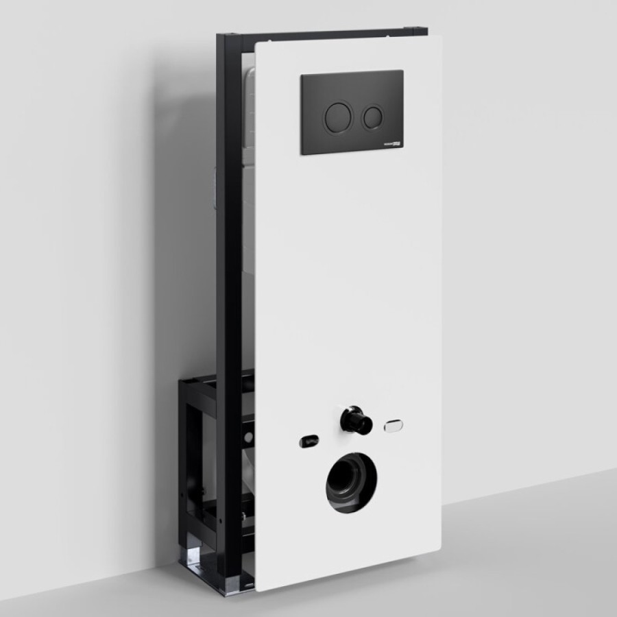 Инсталляция для унитаза WasserKraft Glan 66TLT.010.ME.WH.MB01, декоративная стеклянная панель белая, механическая кнопка смыва черная матовая