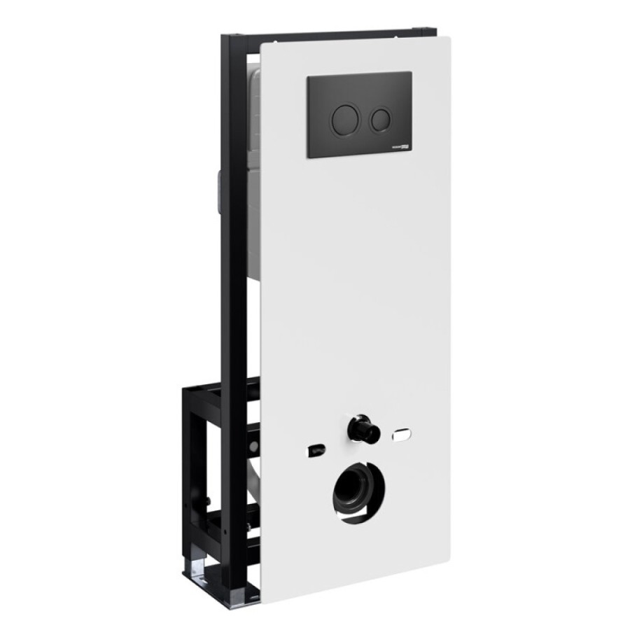 Инсталляция для унитаза WasserKraft Glan 66TLT.010.ME.WH.MB01, декоративная стеклянная панель белая, механическая кнопка смыва черная матовая