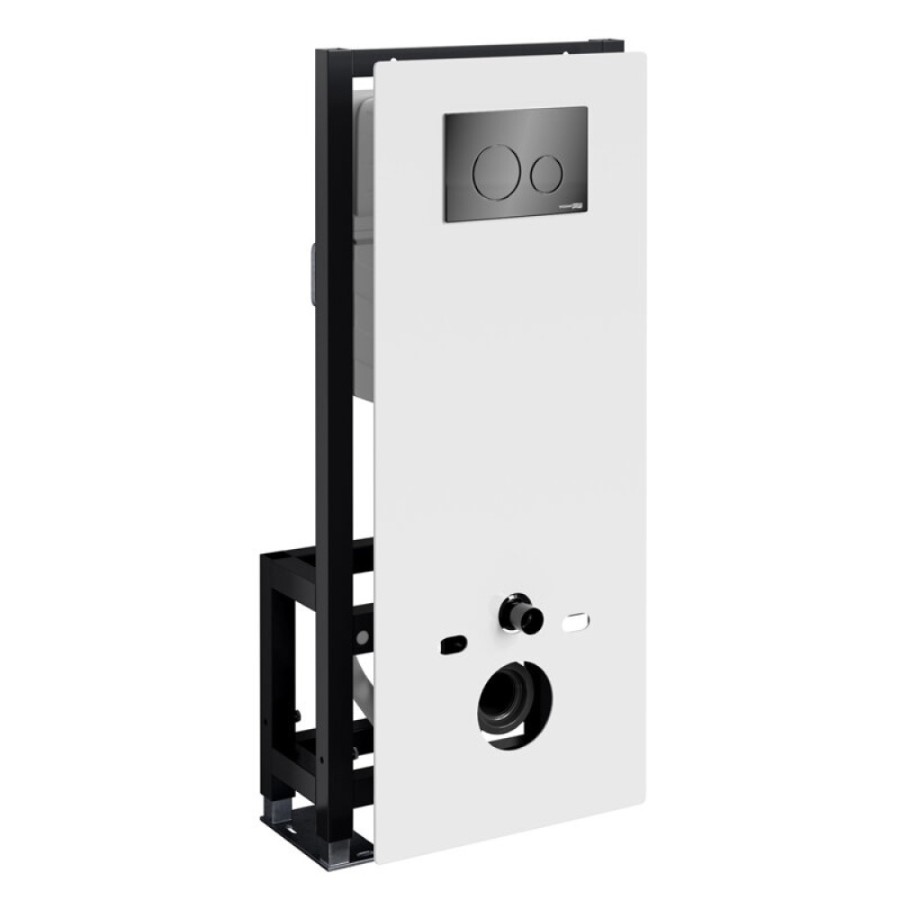 Инсталляция для унитаза WasserKraft Glan 66TLT.010.ME.WH.PB02, декоративная стеклянная панель белая, механическая кнопка смыва черная
