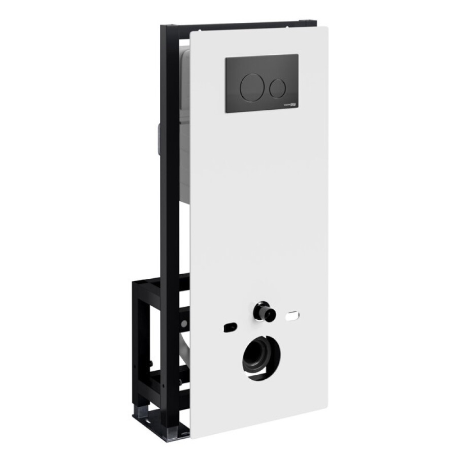 Инсталляция для унитаза WasserKraft Glan 66TLT.010.ME.WH.MB02, декоративная стеклянная панель белая, механическая кнопка смыва черная матовая