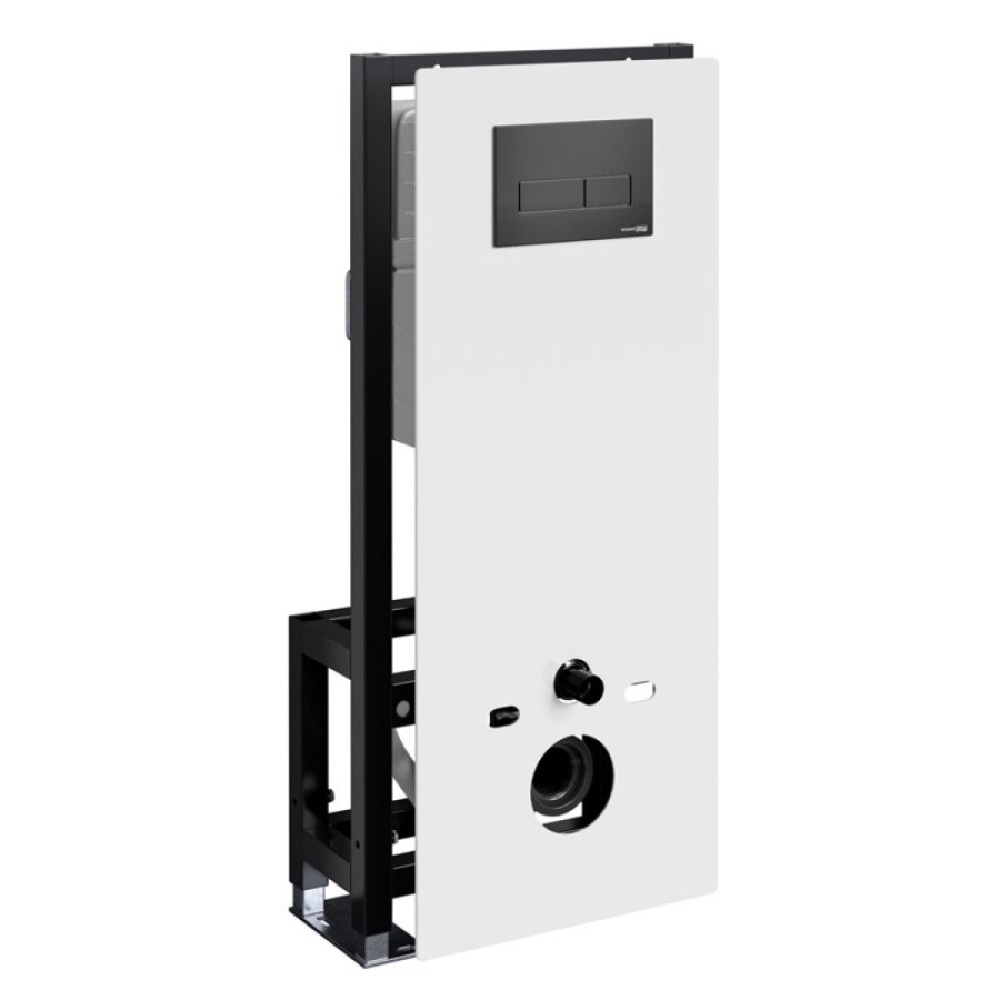 Инсталляция для унитаза WasserKraft Glan 66TLT.010.ME.WH.MB03, декоративная стеклянная панель белая, механическая кнопка смыва черная матовая
