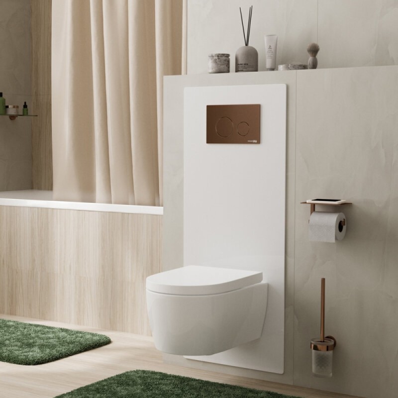 Инсталляция для унитаза WasserKraft Glan 66TLT.010.ME.WH.RG03, декоративная стеклянная панель белая, механическая кнопка смыва золото розовое