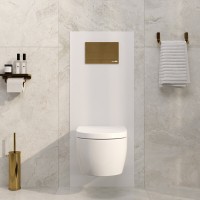 Инсталляция для унитаза WasserKraft Glan 66TLT.010.ME.WH.PG04, декоративная стеклянная панель белая, механическая кнопка смыва золото глянцевое