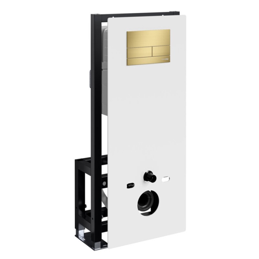 Инсталляция для унитаза WasserKraft Glan 66TLT.010.ME.WH.MG04, декоративная стеклянная панель белая, механическая кнопка смыва золото матовое
