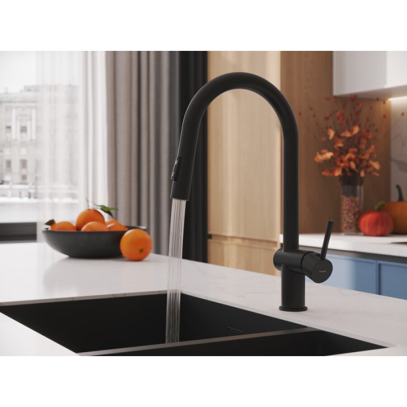 Смеситель Cersanit Brasko 68225, для кухонной мойки, с выдвижным изливом, черный матовый