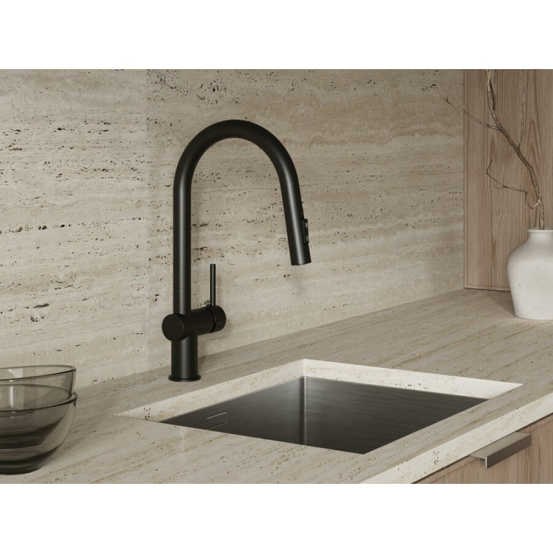 Смеситель Cersanit Brasko 68225, для кухонной мойки, с выдвижным изливом, черный матовый