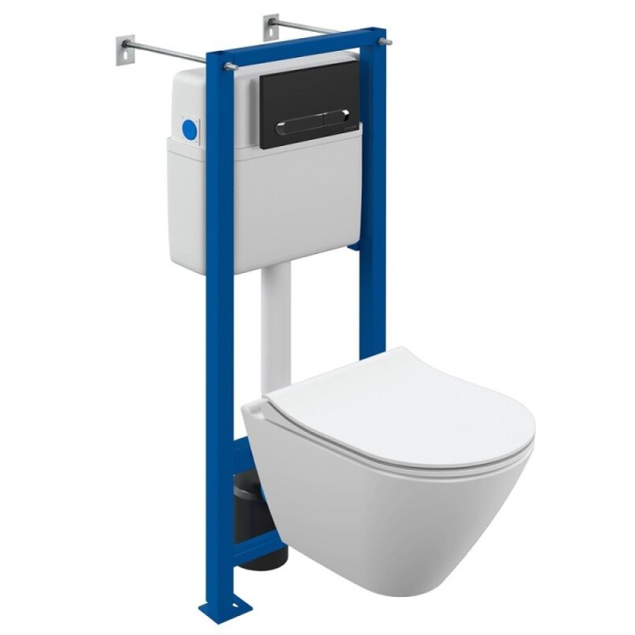 Инсталляция Cersanit Vector 68305, с подвесным безободковым унитазом City Smart, сиденье микролифт, белый, клавиша черная матовая