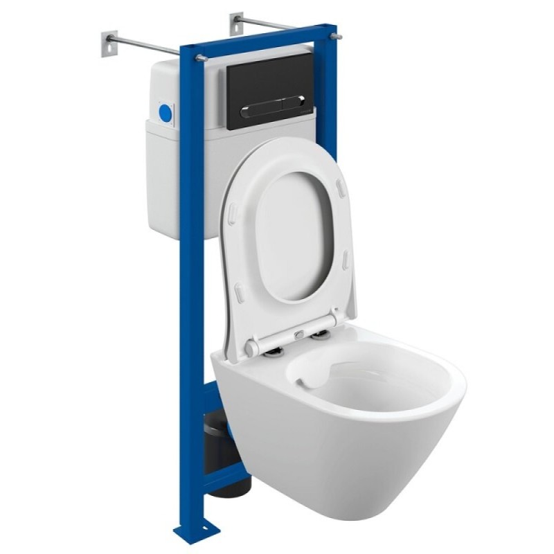 Инсталляция Cersanit Vector 68305, с подвесным безободковым унитазом City Smart, сиденье микролифт, белый, клавиша черная матовая
