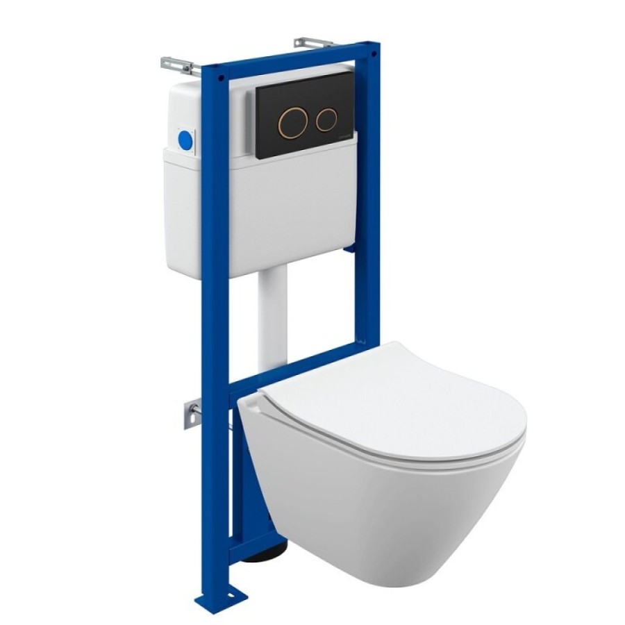 Инсталляция Cersanit Link Pro 68308, с подвесным безободковым унитазом City Smart, сиденье микролифт, белый, клавиша черная матовая/золото